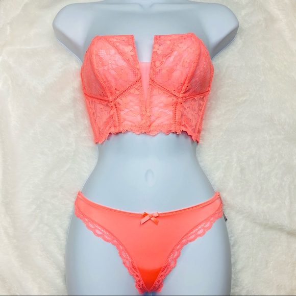 NWT Victoria’s Secret Orange Lace Bustier Longline Bra & Strappy Panties Set - Picture 2 of 15